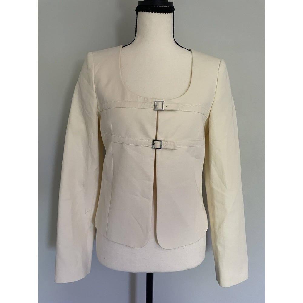 MANGO Double Buckle Cotton Linen Blend Cream Lined Short Blazer Size XS - Picture 4 of 13